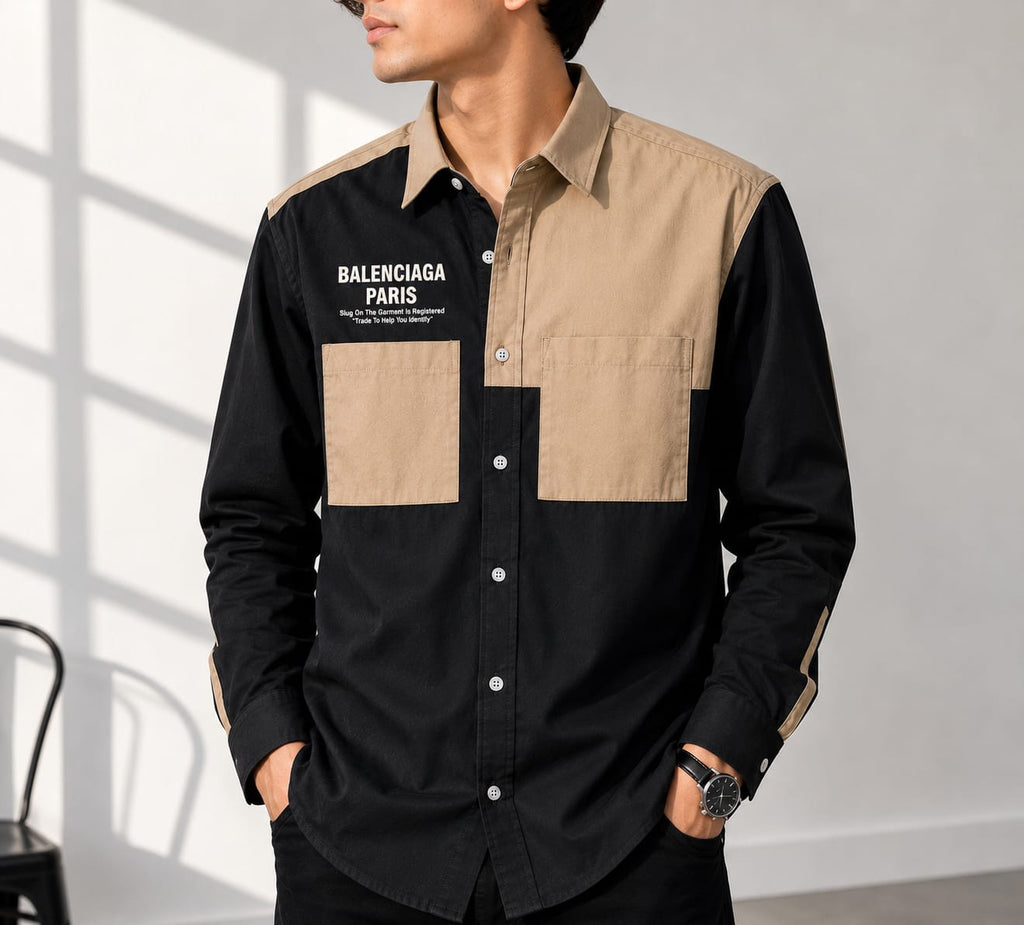Men's Premium Black & Beige Color Block Full Sleeve Casual Shirt [1001 ]