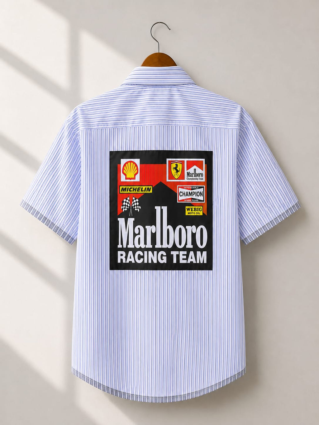 Men's Blue Striped Racing Team Back Print Oversized Shirt [1002]