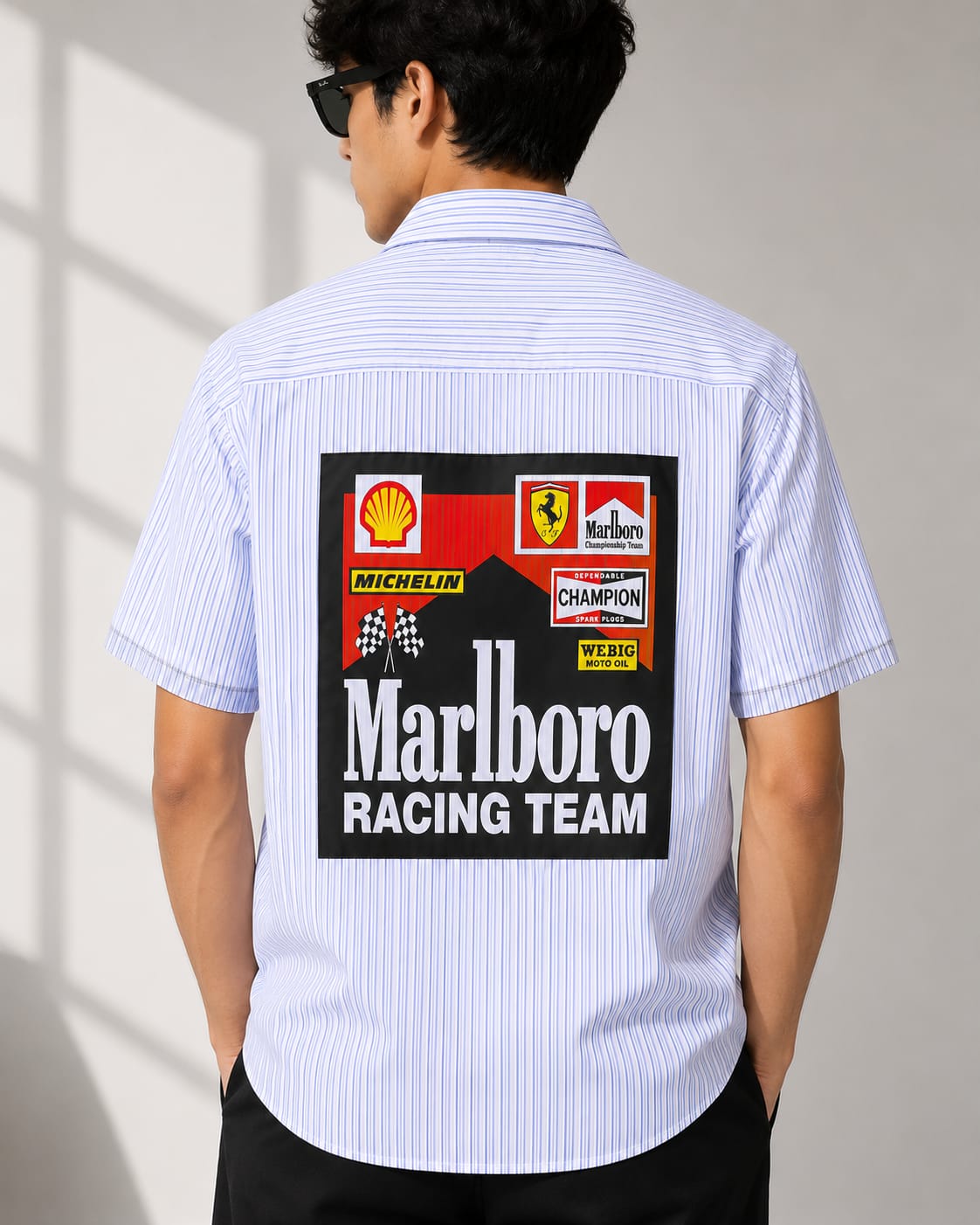 Men's Blue Striped Racing Team Back Print Oversized Shirt [1002]