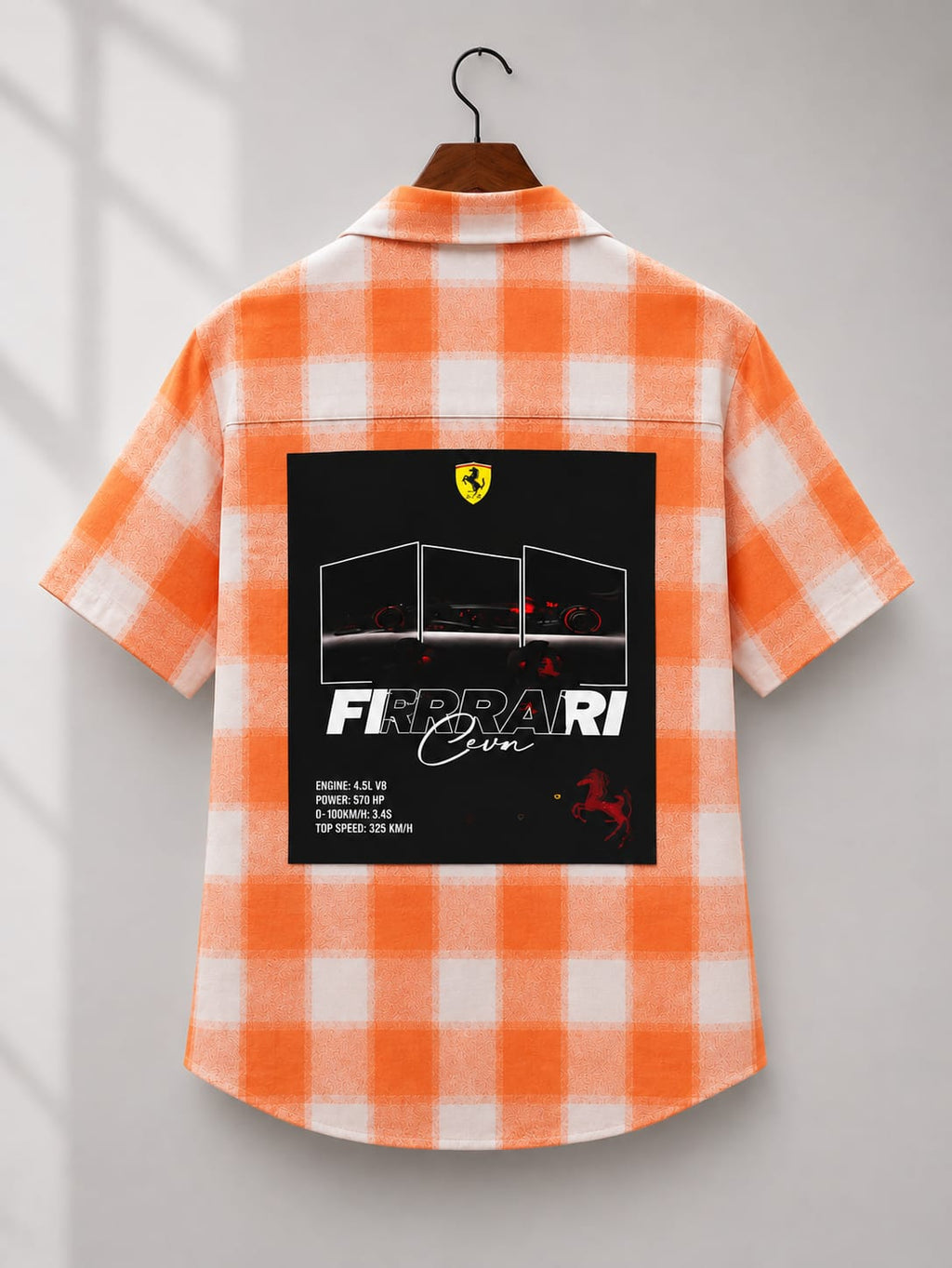 Men's Orange Checkered Ferrari Graphic Back Print Shirt [1004]
