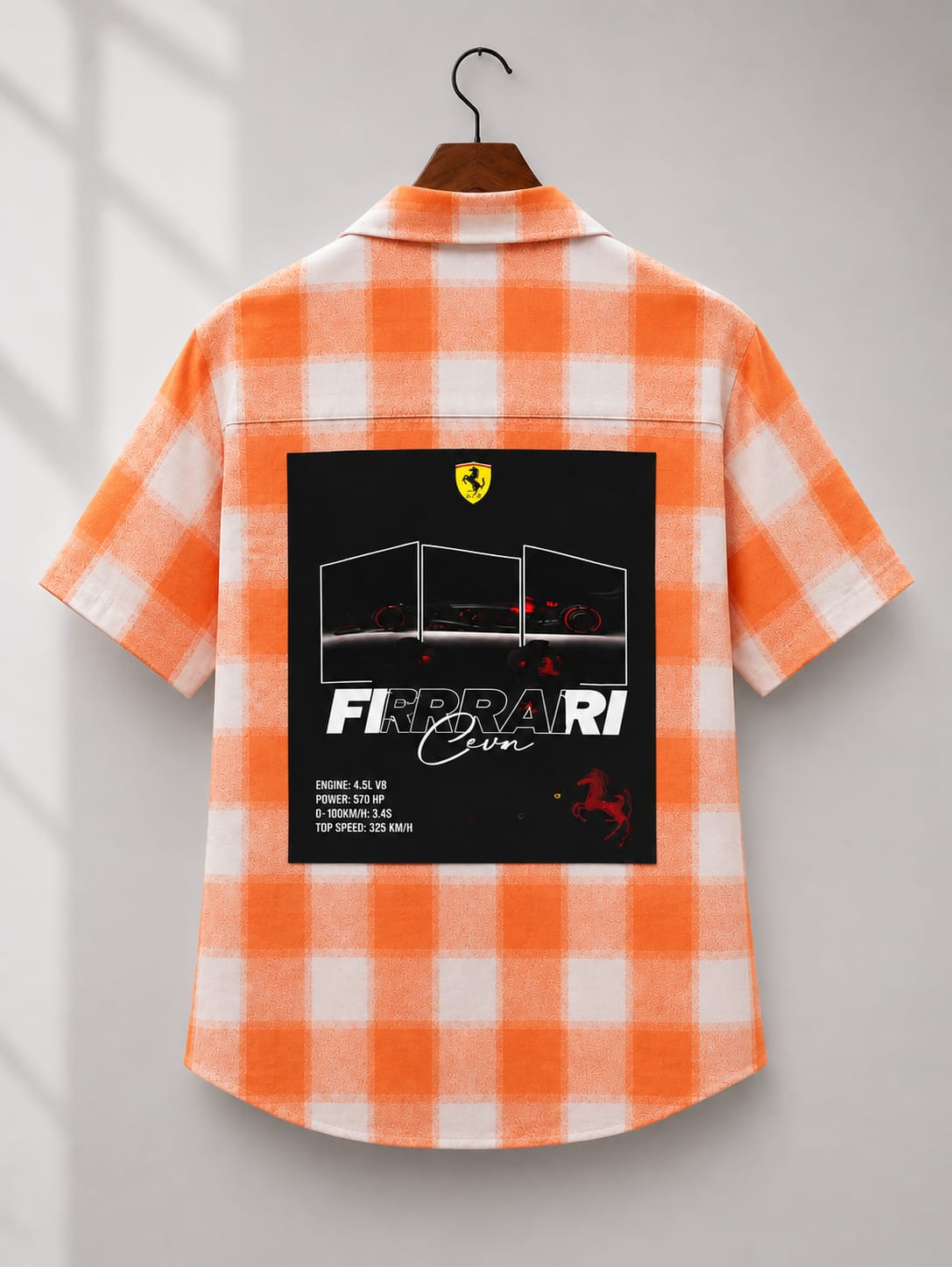 Men's Orange Checkered Ferrari Graphic Back Print Shirt [1004]
