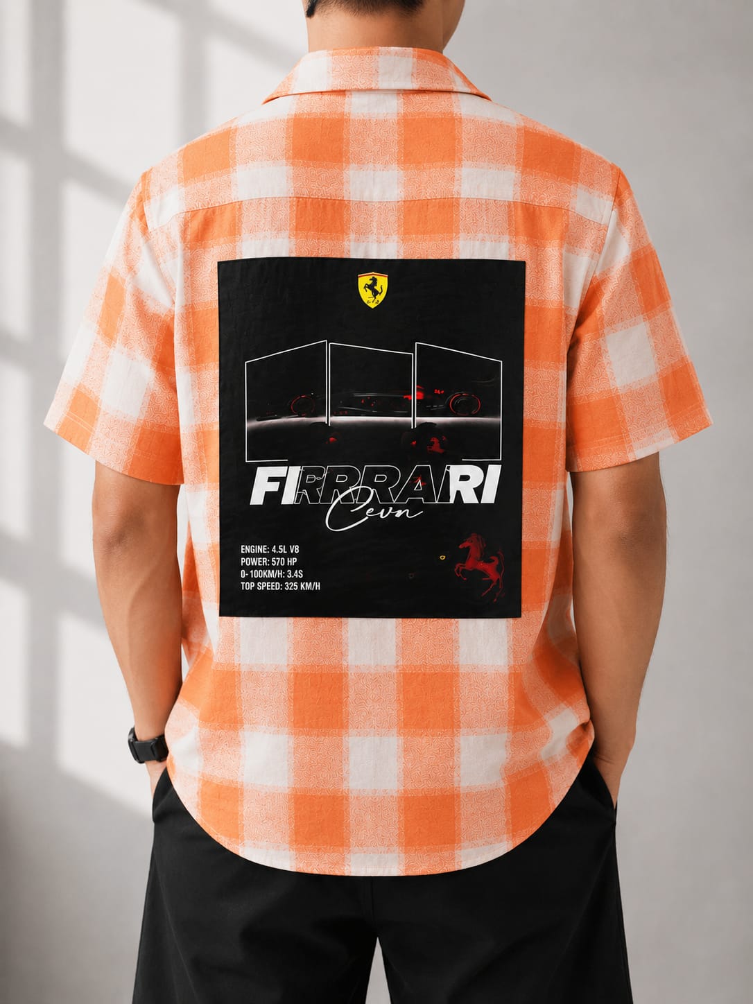 Men's Orange Checkered Ferrari Graphic Back Print Shirt [1004]